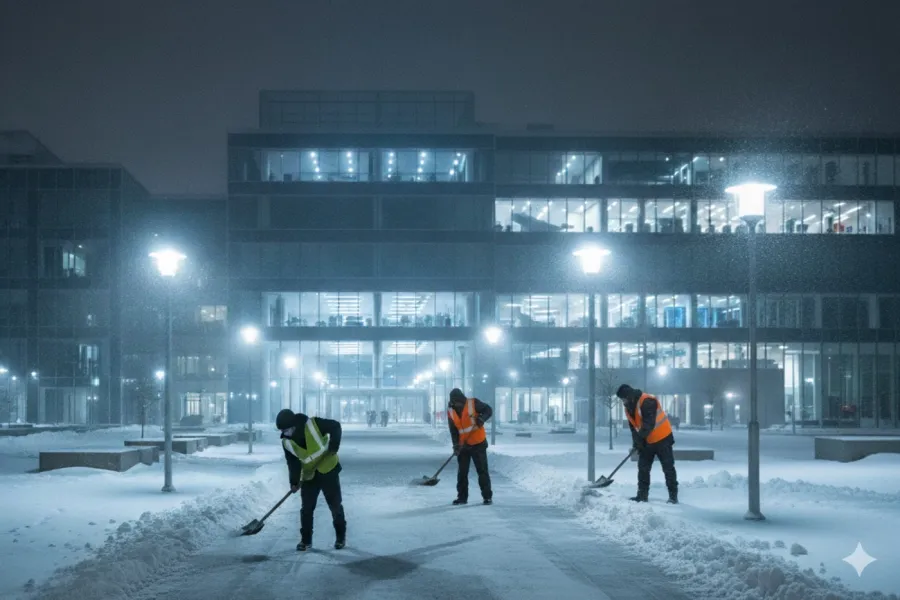 Noční odklízení sněhu před administrativní budovou